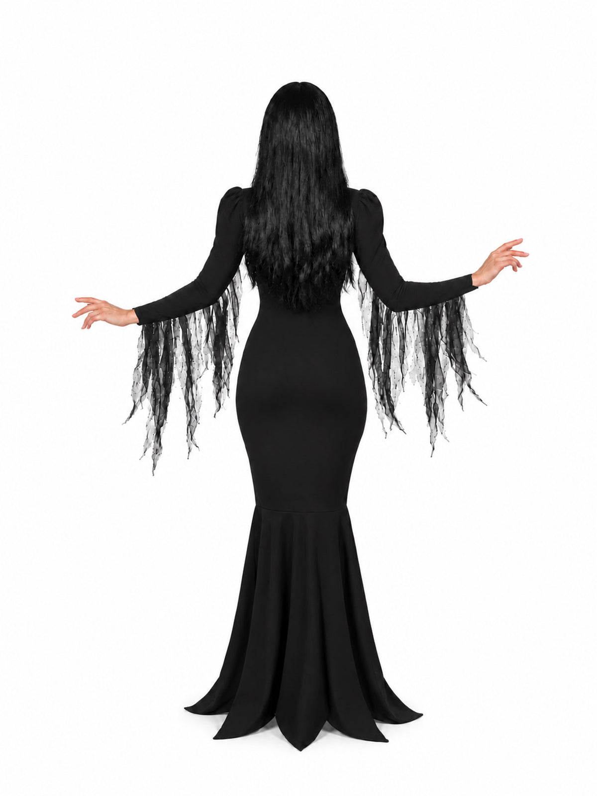 Back view of Morticia Addams adult costume showing the black dress, draped sleeves, pointed hem and long black wig.
