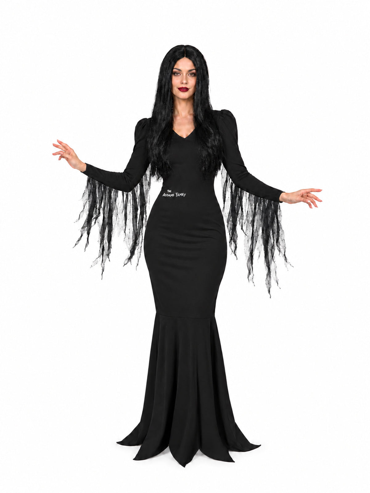 Front view of Morticia Addams adult costume with fitted black dress, draped sleeves, pointed hem and long black wig.