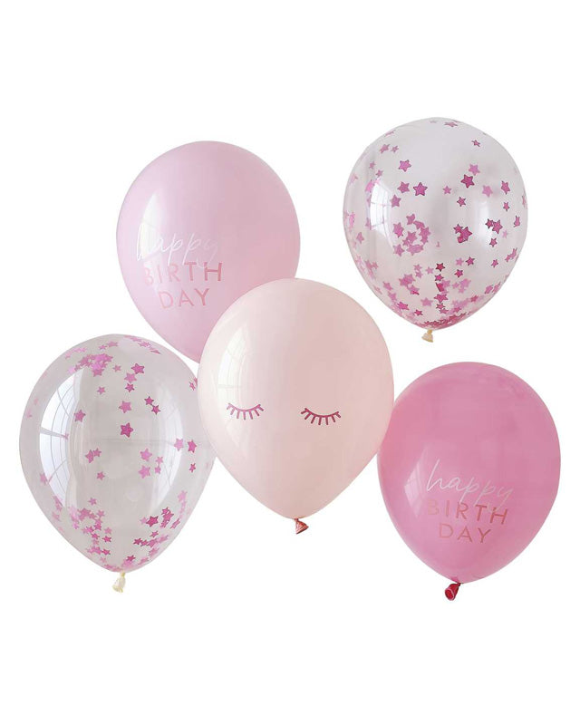 Pamper Party Pink Confetti Happy Birthday Balloons - 12" Latex (5pk) – product image 2