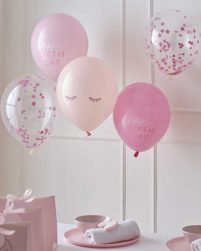 Pamper Party Pink Confetti Happy Birthday Balloons - 12" Latex (5pk)