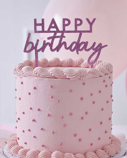 Pamper Party Pink Glitter Acrylic 'Happy Birthday' Cake Topper - 11.7cm x 13.4cm