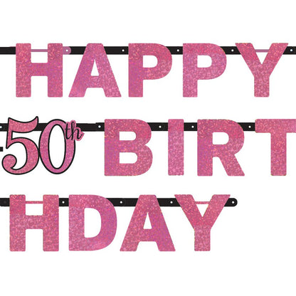 Pink 'Happy 50th Birthday' Holographic Paper Letter Banner - 2m