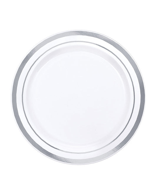 White with Silver Trim Plastic Plates - 16cm