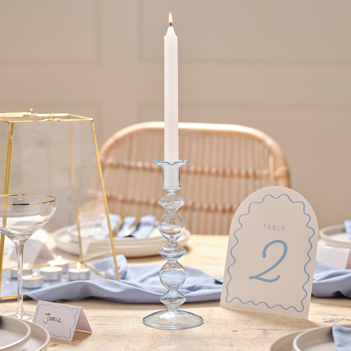 Large Blue Glass Bubble Dinner Candle Holder