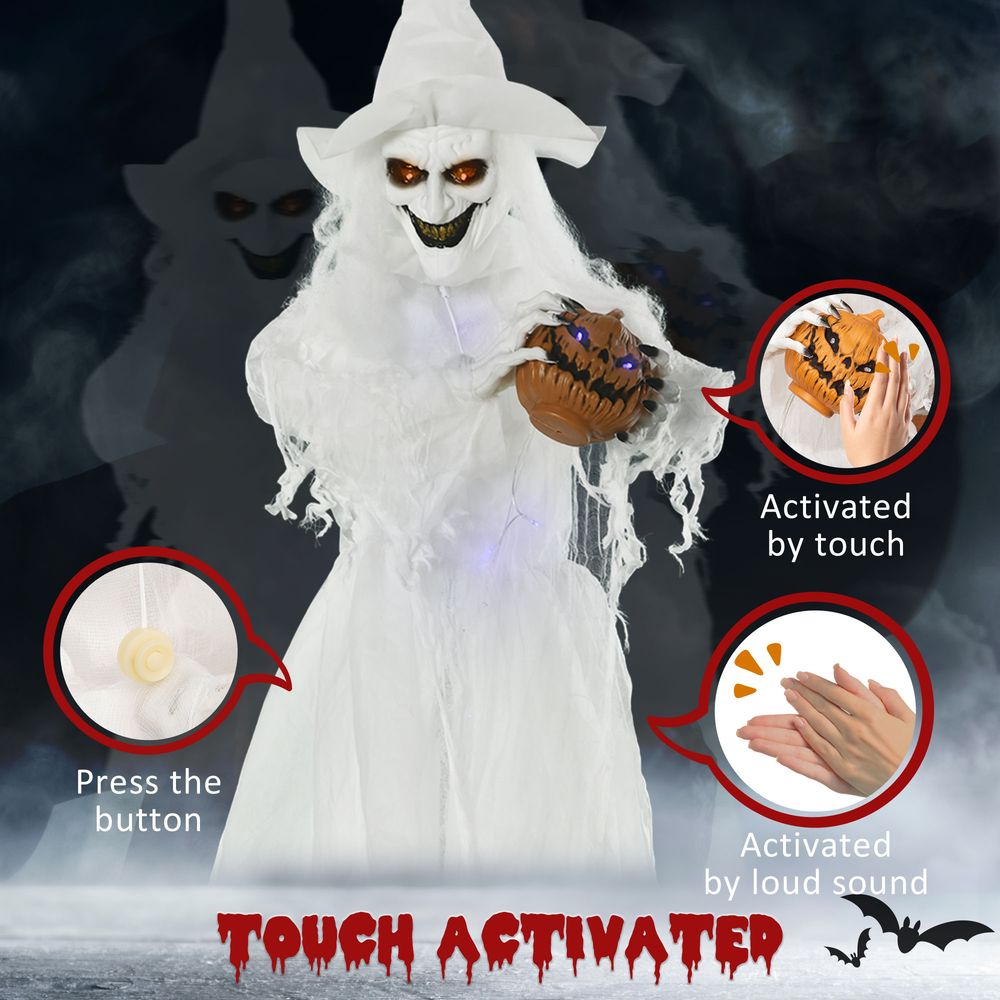Outsunny 74 Inch Halloween Decorations White Witch Holding Pumpkin Head, Standing Skeleton Ghost Prop Life Size with Light Up Eyes and Body
