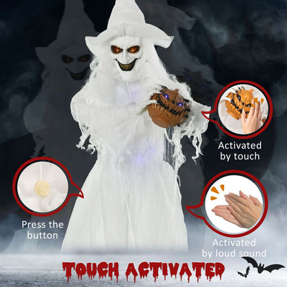 Outsunny 74 Inch Halloween Decorations White Witch Holding Pumpkin Head, Standing Skeleton Ghost Prop Life Size with Light Up Eyes and Body