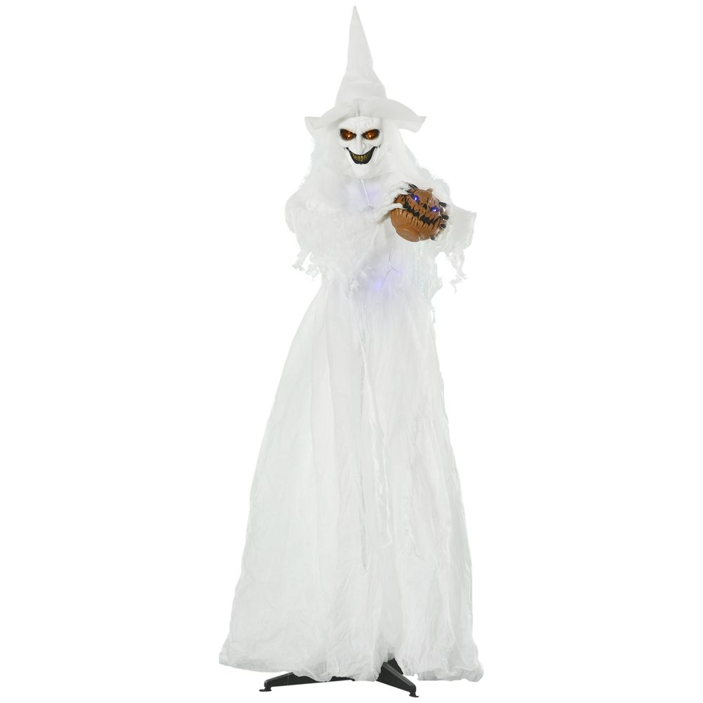 Outsunny 74 Inch Halloween Decorations White Witch Holding Pumpkin Head, Standing Skeleton Ghost Prop Life Size with Light Up Eyes and Body – product image 2