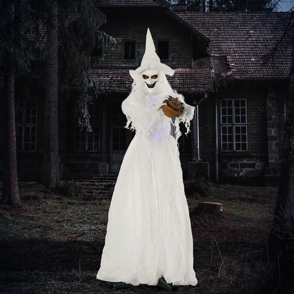 Outsunny 74 Inch Halloween Decorations White Witch Holding Pumpkin Head, Standing Skeleton Ghost Prop Life Size with Light Up Eyes and Body – product image 3