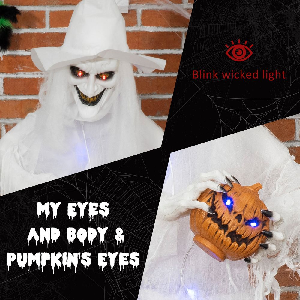 Outsunny 74 Inch Halloween Decorations White Witch Holding Pumpkin Head, Standing Skeleton Ghost Prop Life Size with Light Up Eyes and Body – product image 5