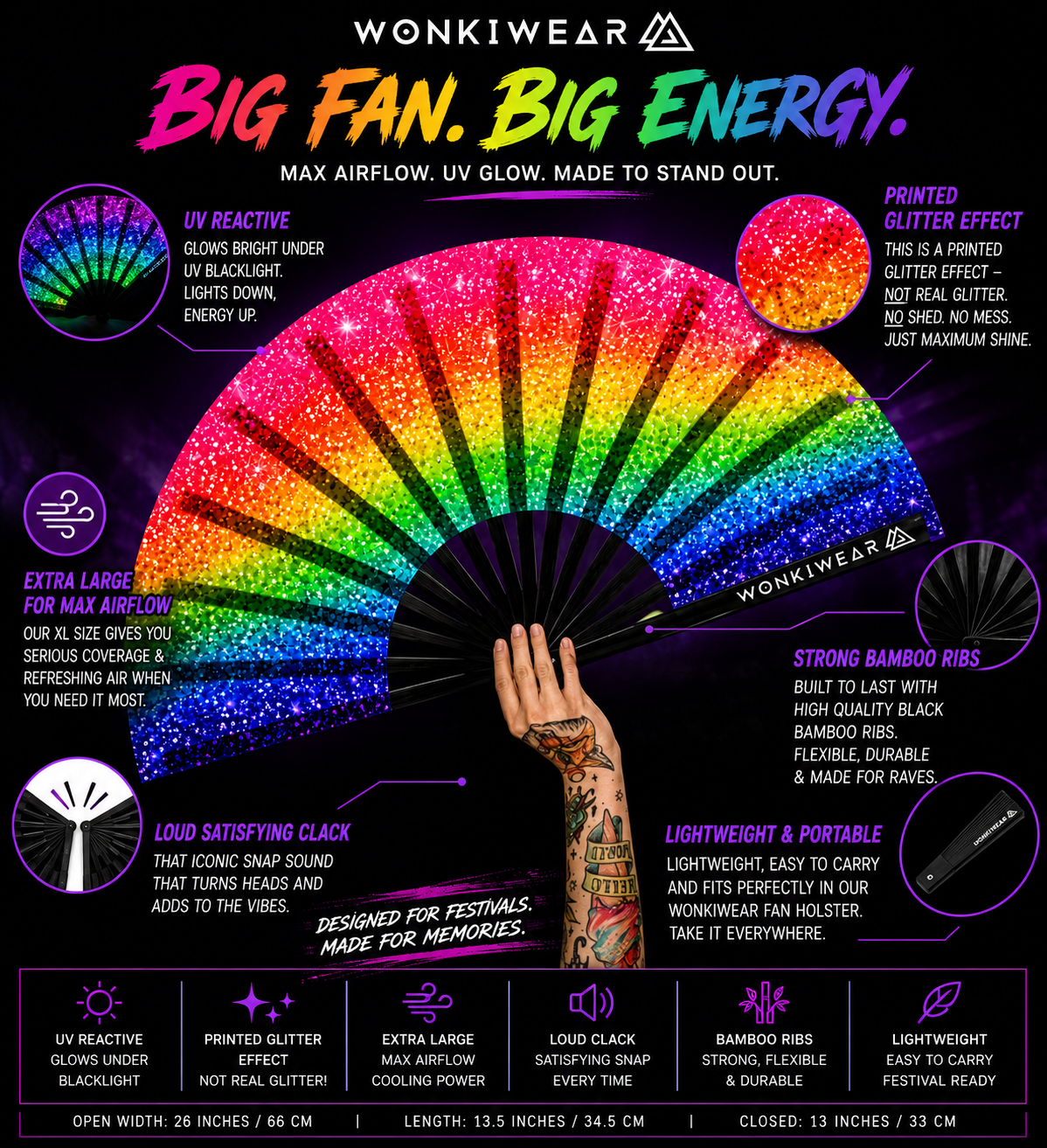 Rainbow Glitter XL UV Reactive Festival Fan