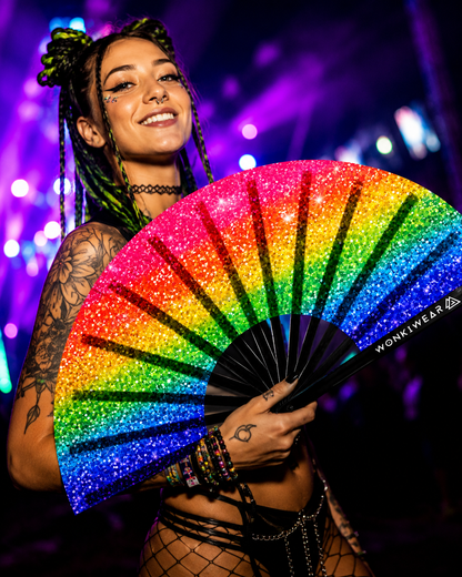 Rainbow Glitter XL UV Reactive Festival Fan