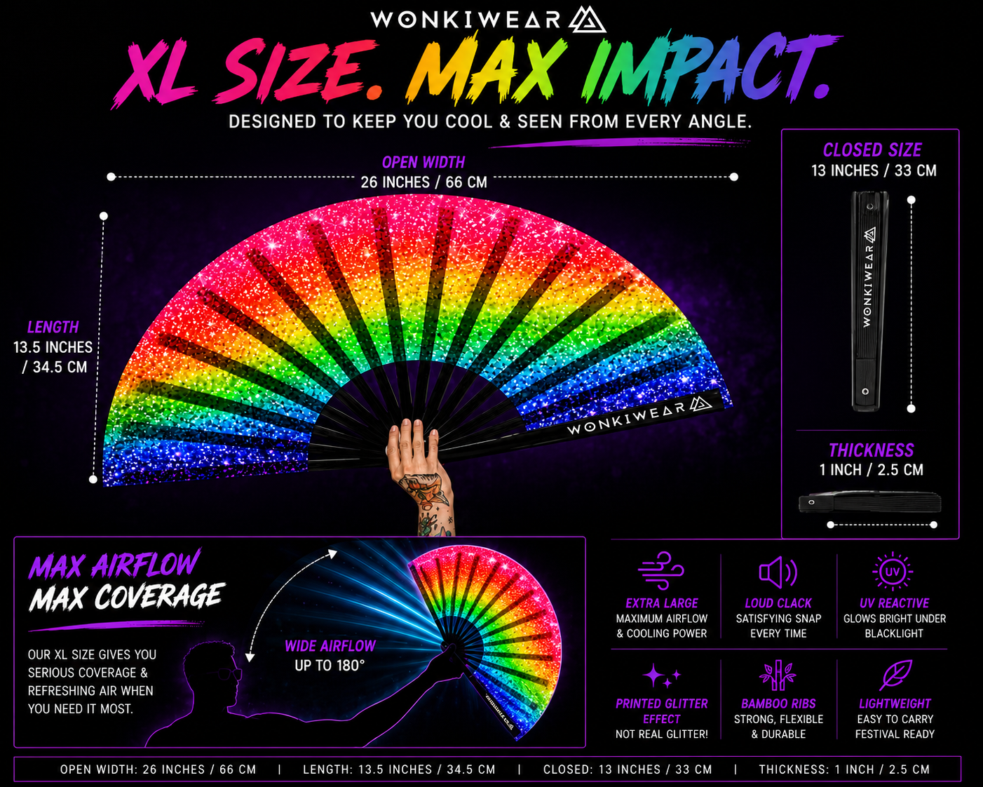 Rainbow Glitter XL UV Reactive Festival Fan
