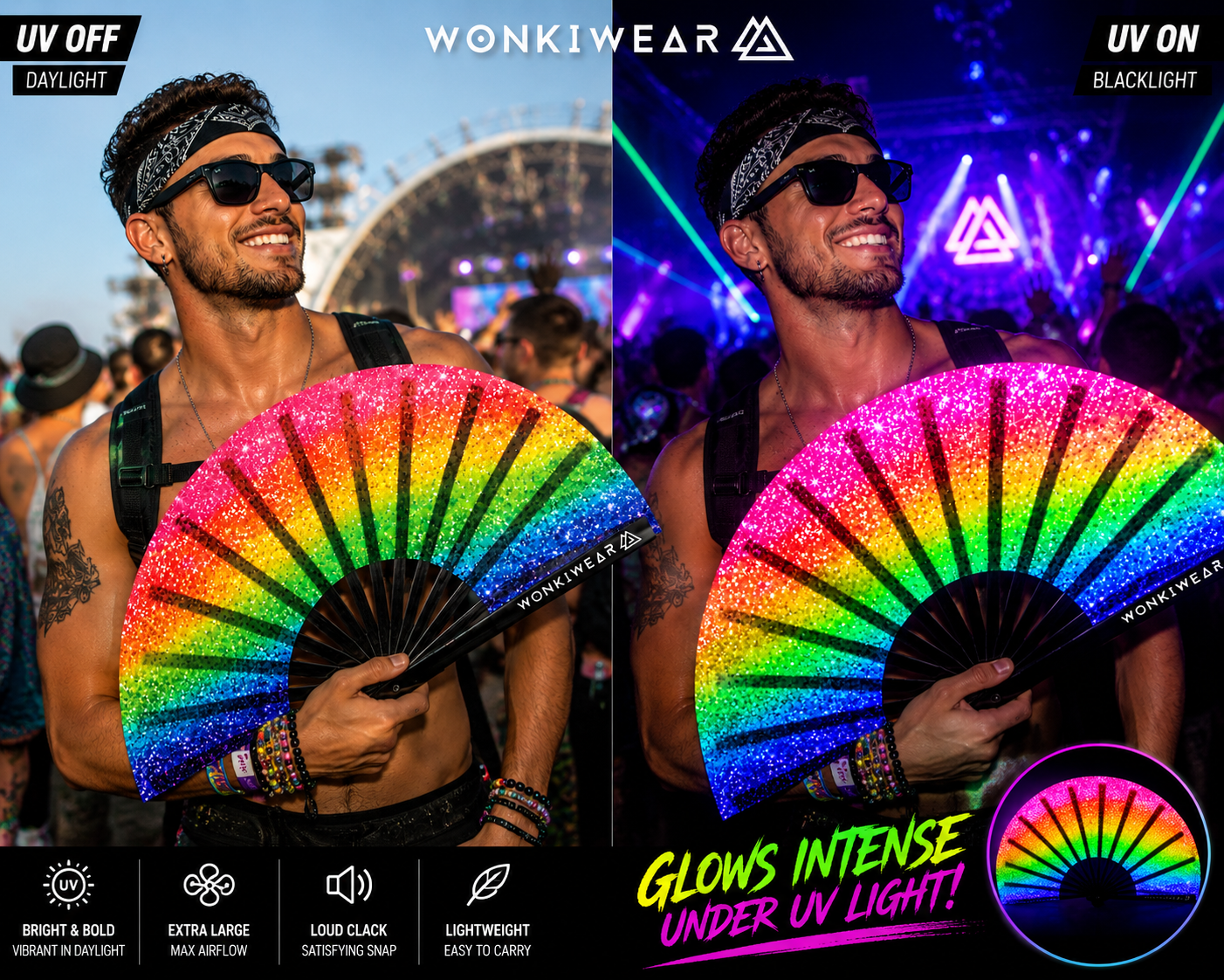 Rainbow Glitter XL UV Reactive Festival Fan