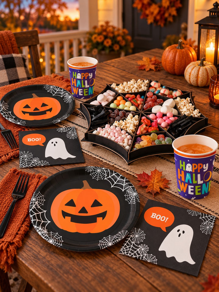 A party table set with Halloween tableware and spooky decorations.
