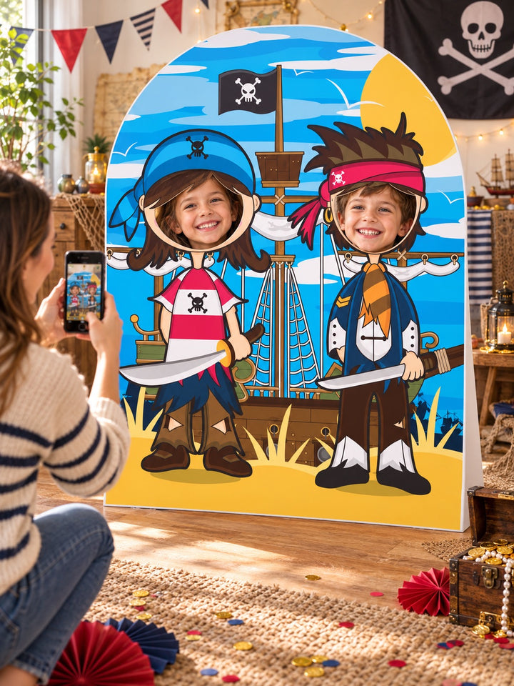 Children enjoying a pirate stand-in cardboard cut-out while a parent takes their party photograph.