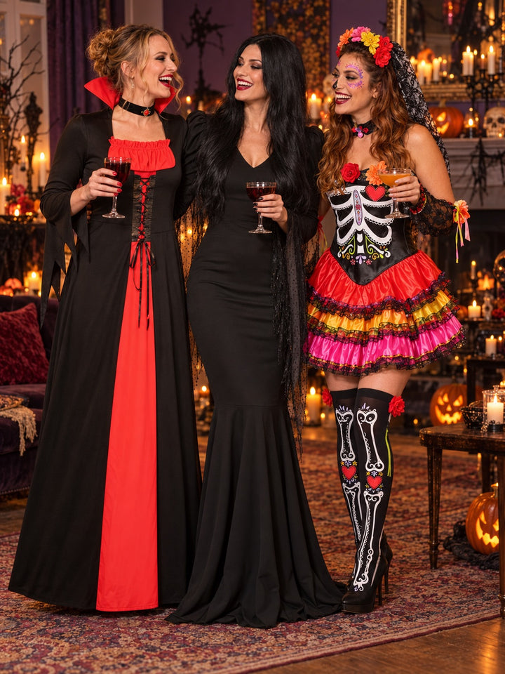 Three friends laughing at a Halloween party in Vampire Lady, Morticia and Day of the Dead Senorita costumes.
