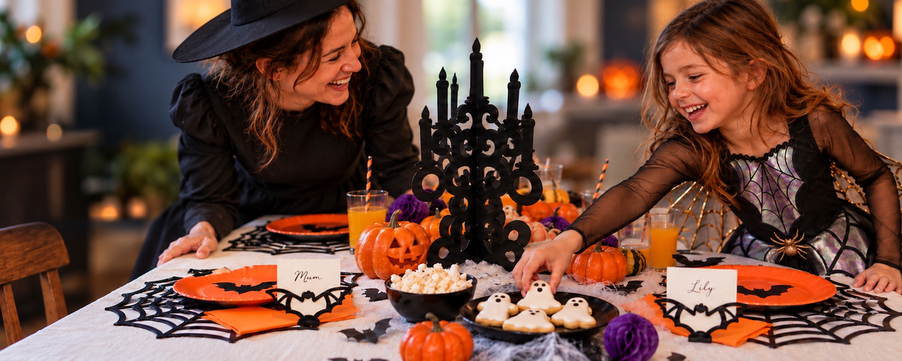 Set the scene: a mother in a Wicked Witch costume and a child in an Iridescent Spider Girl costume laughing over a Halloween table with a candelabra, bat place cards, spiderweb placemats and cobwebs.