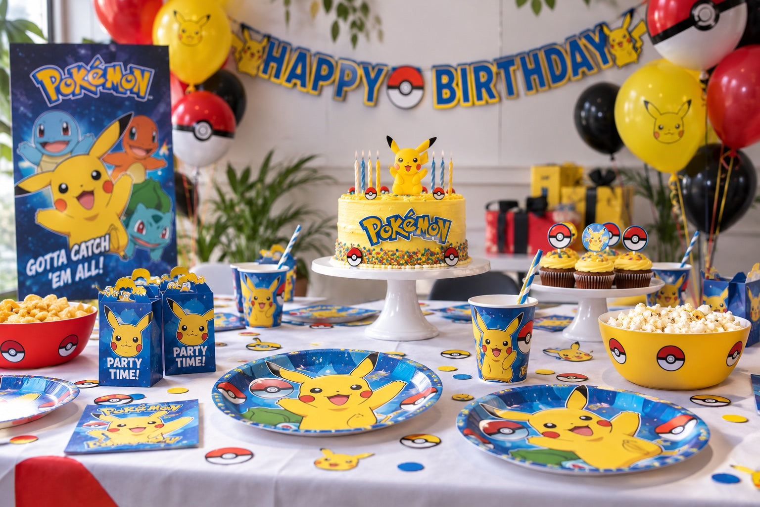 Pokémon birthday party table with a yellow Pikachu cake, matching blue tableware, party boxes, cupcakes, and red, yellow and black balloons.