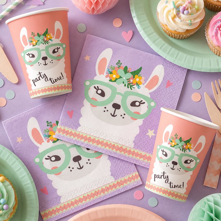 Pastel llama party table with matching floral llama cups and napkins