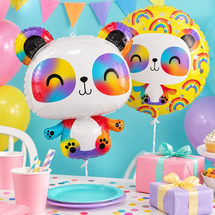 Rainbow panda foil balloons above a colourful pastel party table