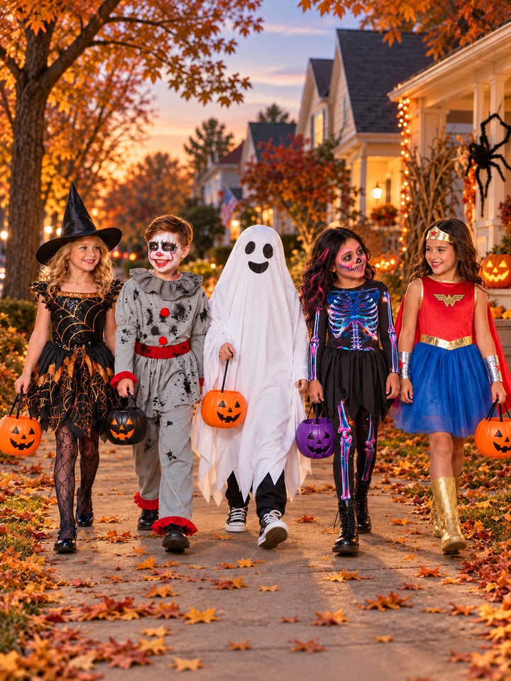 Children celebrating Halloween together in colourful fancy dress costumes.