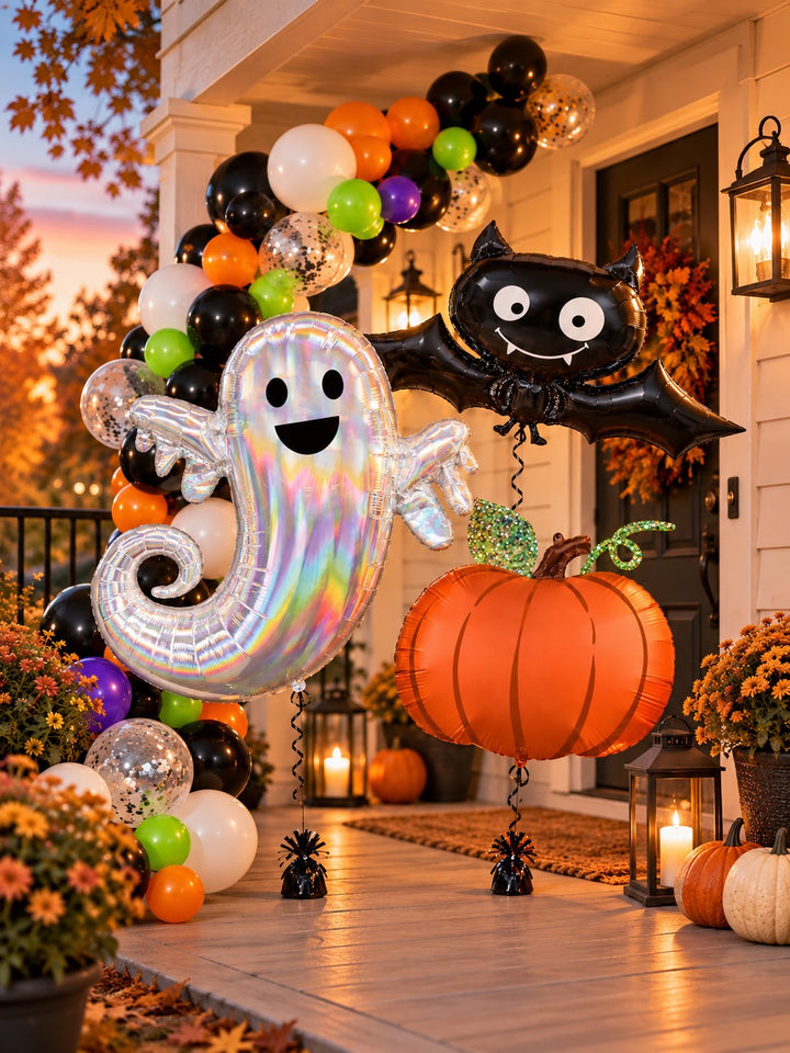 A Halloween celebration styled with a colourful spooky balloon display.
