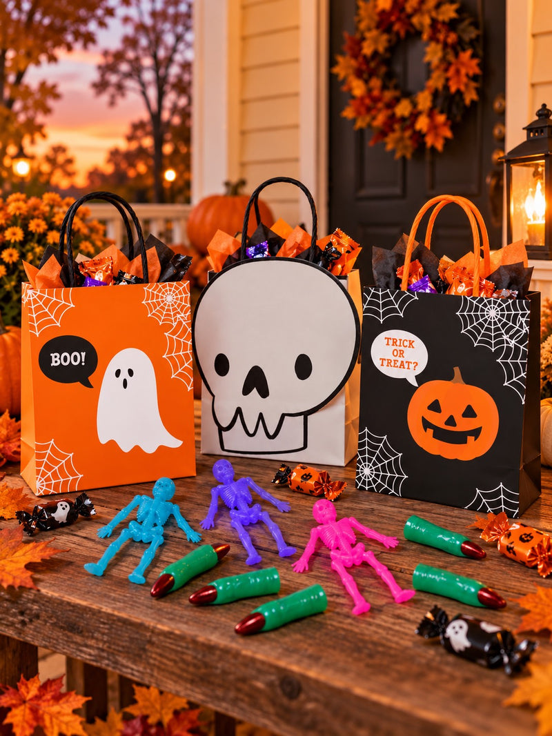 Ghost, pumpkin and skull treat bags filled with wrapped sweets, with colourful skeleton toys and green witch-finger favours on an autumn porch table.
