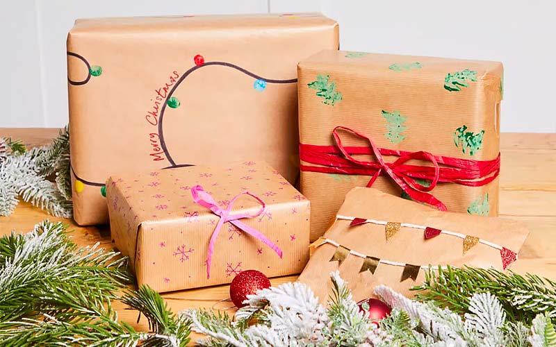 A selection of DIY wrapping paper ideas made from brown wrapping paper