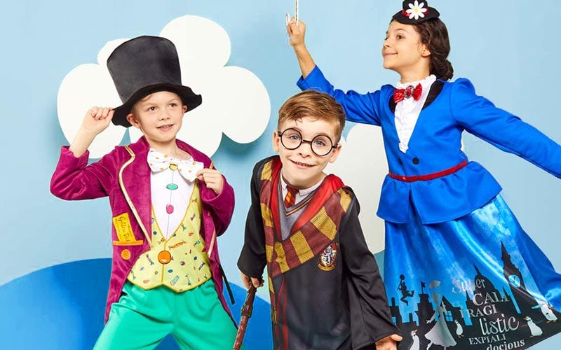 world book day costume ideas for kids including Willy Wonka, Harry Potter and Matilda