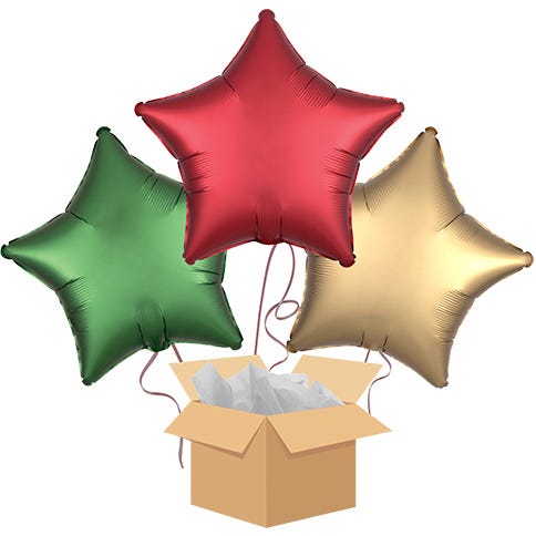 Balloon bouquet featuring a green, red and gold star shaped balloons popping out of a brown cardboard box