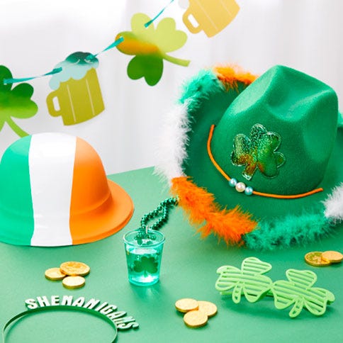 Green leprechaun hats, Irish flag bowler hats and a selection of St Patrick's Day headbands and jewellery