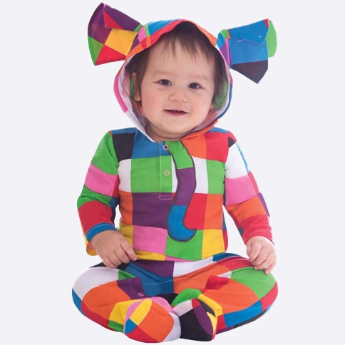 Toddler dressed as Elmer the patchwork elephant