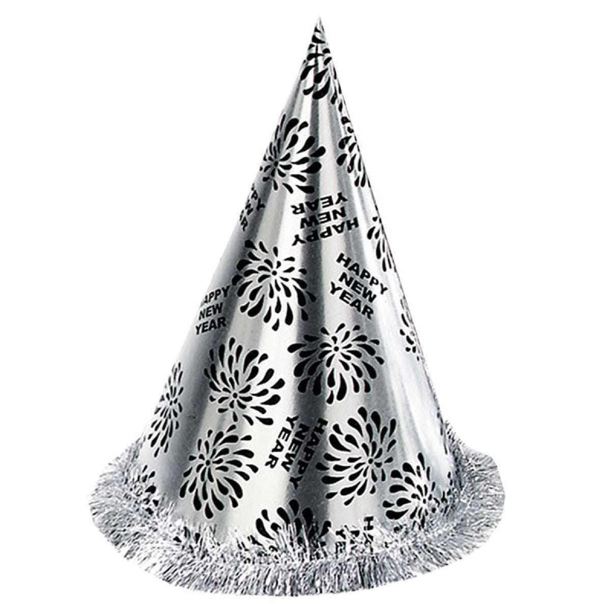 Silver Happy New Year Cone Hat - 28cm