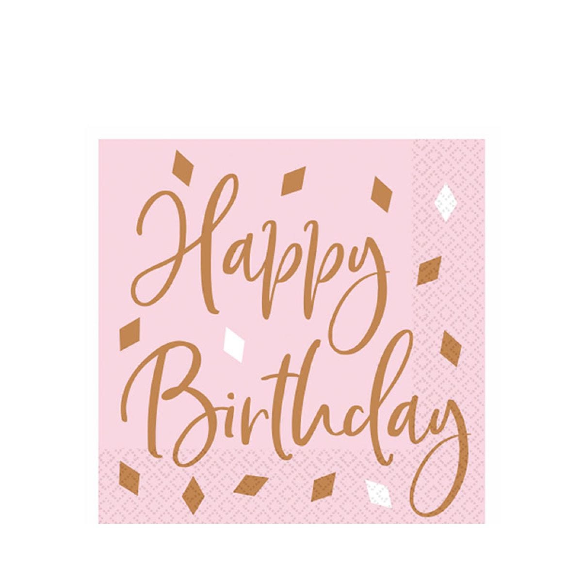 Happy Birthday Rose Gold Paper Napkins 33cm (16pk)