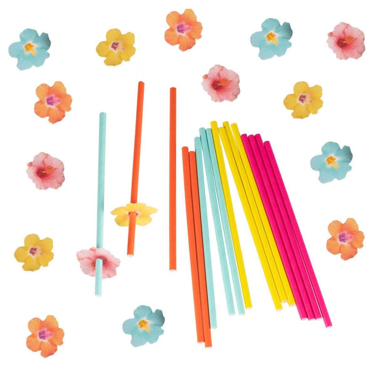 Hawaiian Paper Straws with Flower Toppers (16pk)