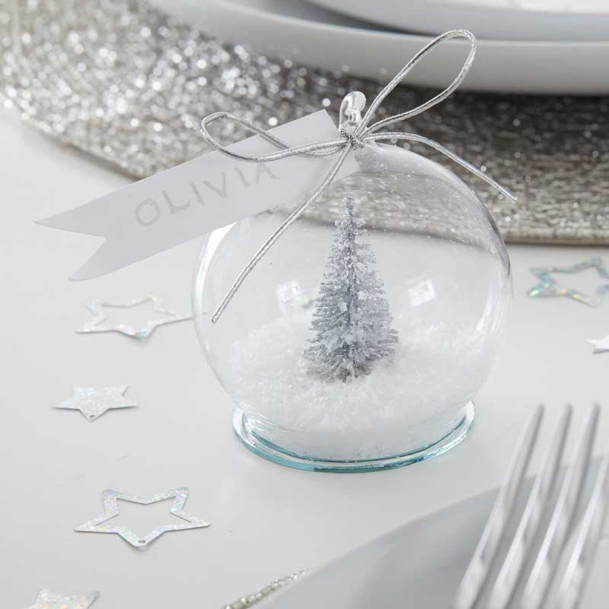 Silver Tree Snow Globe Christmas Place Cards - 6cm (4pk)