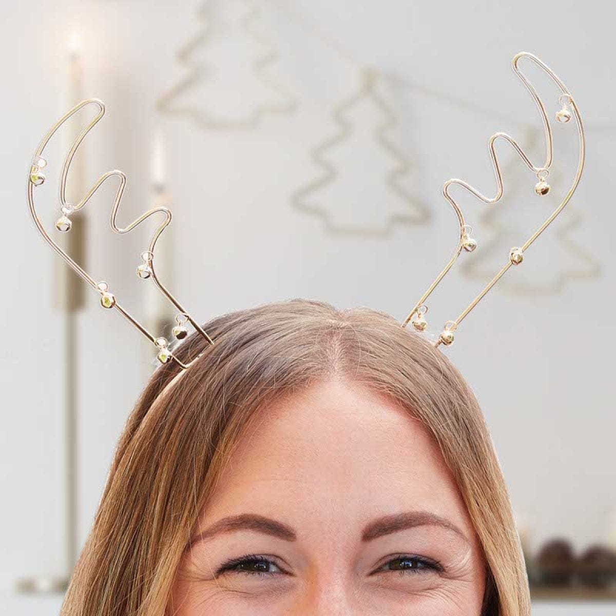 Gold Metal Wire Reindeer Antlers Headband with Bells