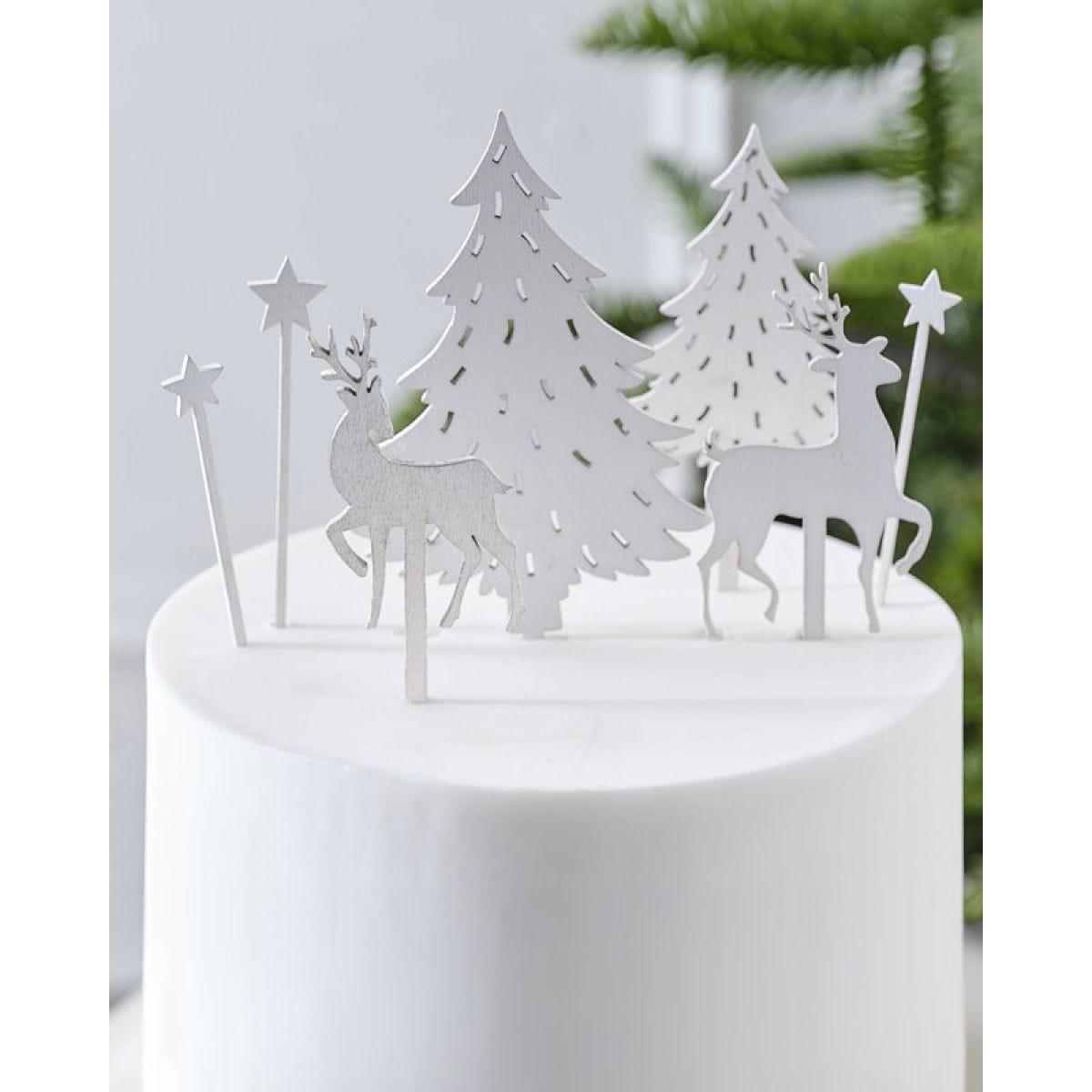 White Wood Festive Scene Cake Topper