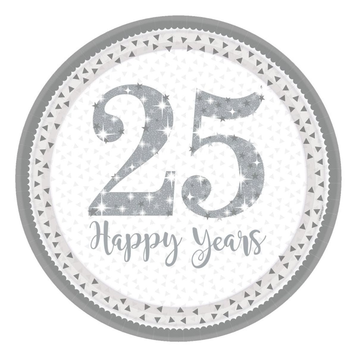 25th Silver Sparkling Wedding Anniversary Plates - 23cm Paper Plates (8pk)