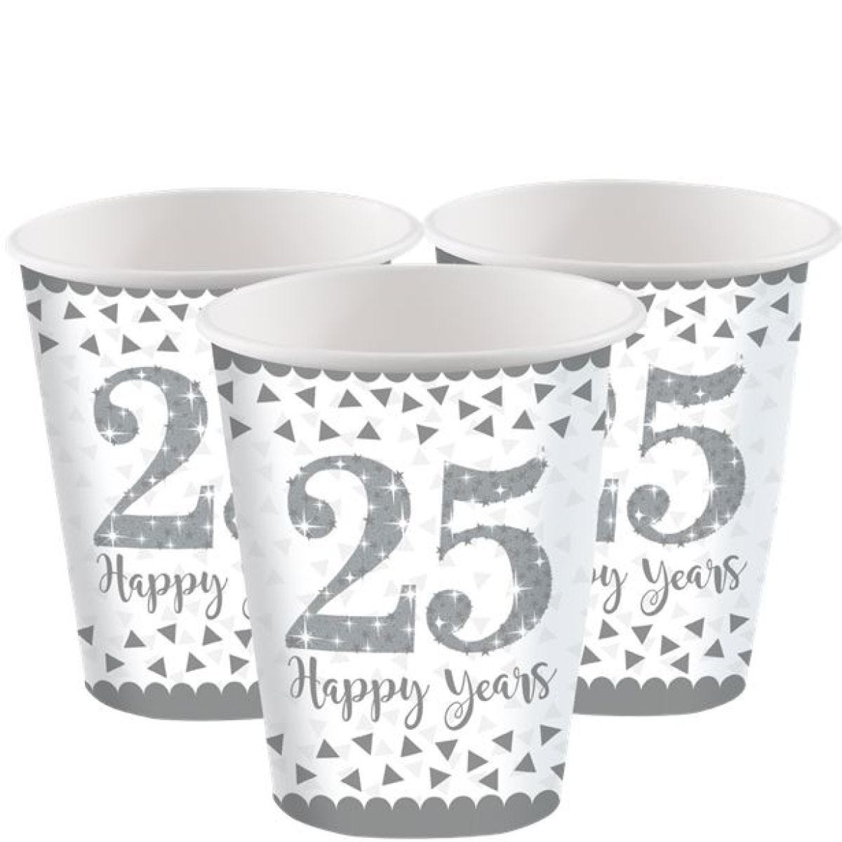 25th Silver Sparkling Wedding Anniversary Cups - 266ml Paper Party Cups