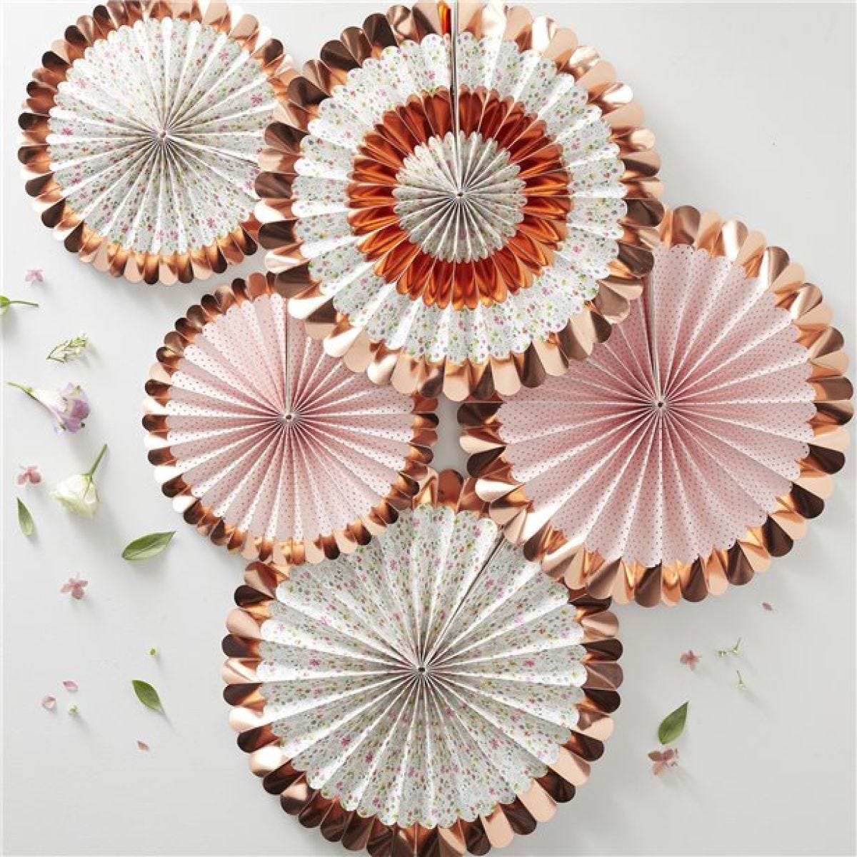 Ditsy Floral Rose Gold Foiled Fan Decorations - 38cm (5pk)