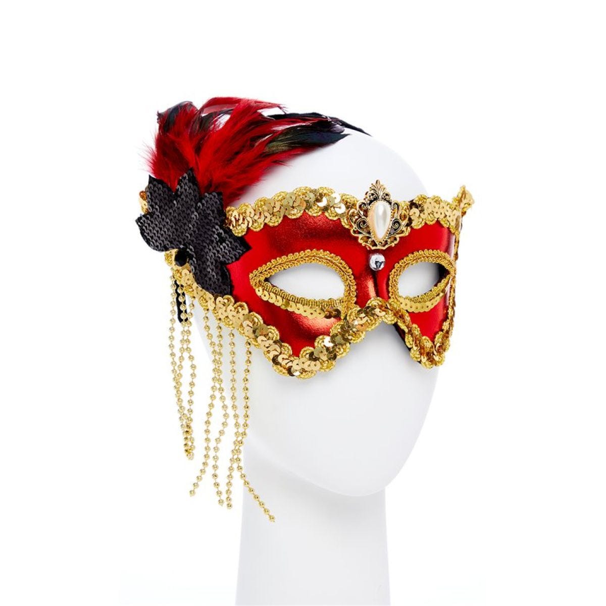 Red & Gold Masquerade Mask with Feathers & Beads