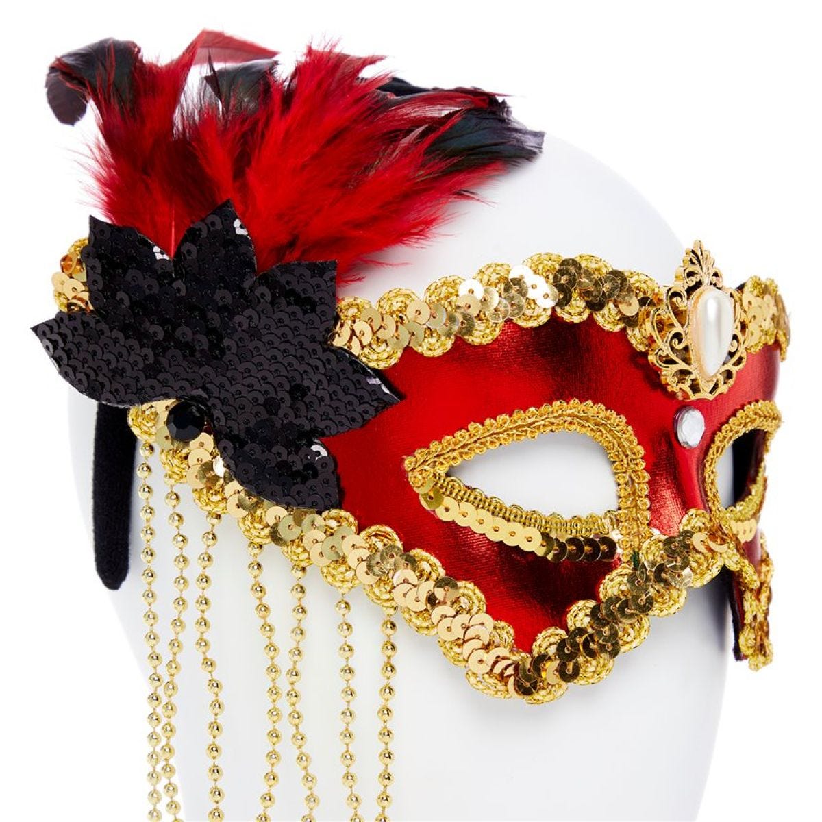 Red & Gold Masquerade Mask with Feathers & Beads