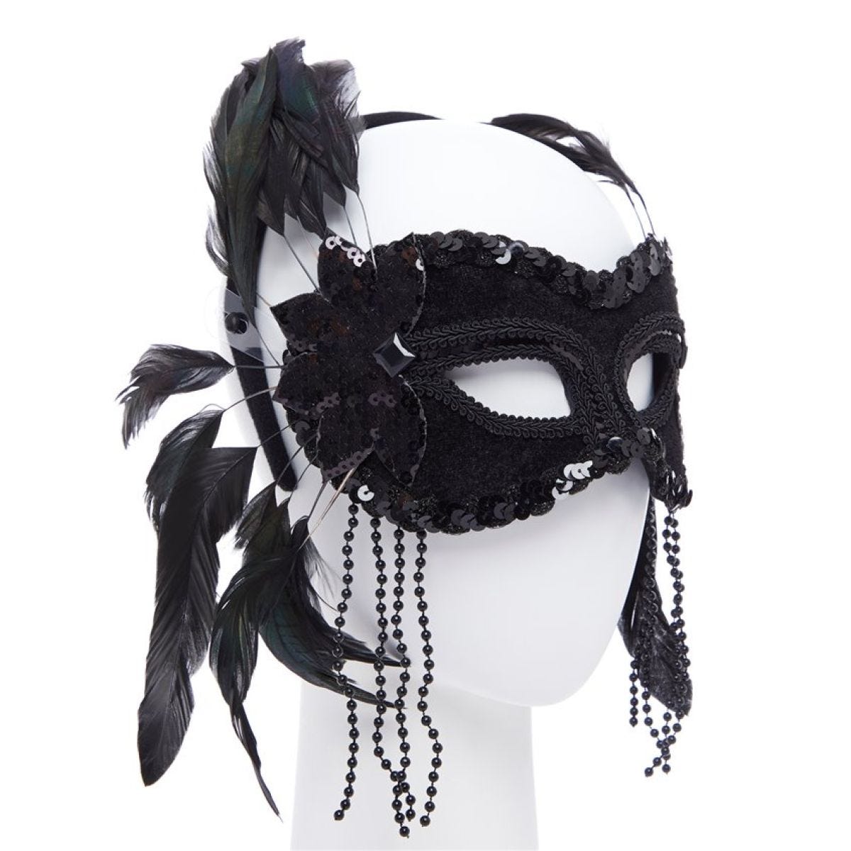 Black Masquerade Mask with Feathers & Beads