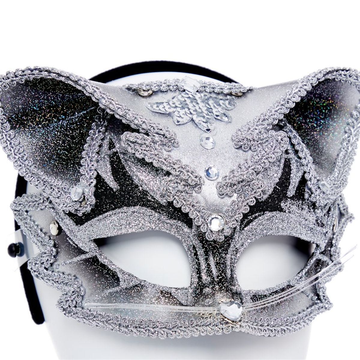 Silver & Black Jewelled Cat Masquerade Mask