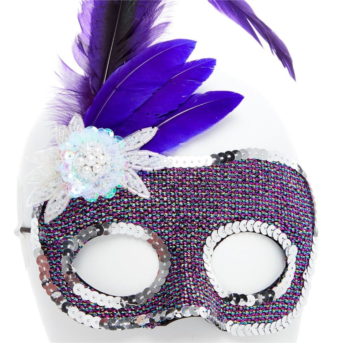 Purple Masquerade Mask with Side Feathers