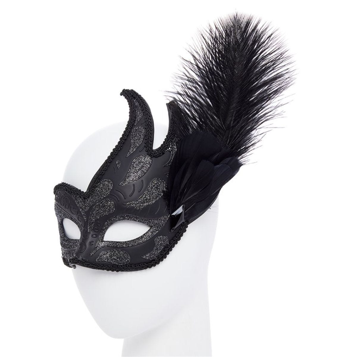 Ornate Black Masquerade Mask with Feathers