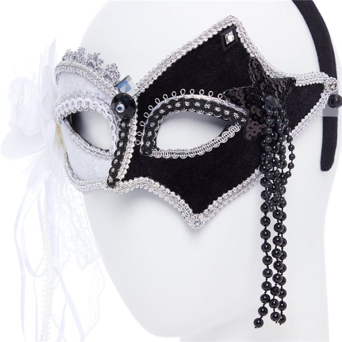 Black & White Masquerade Mask with Feathers & Beads