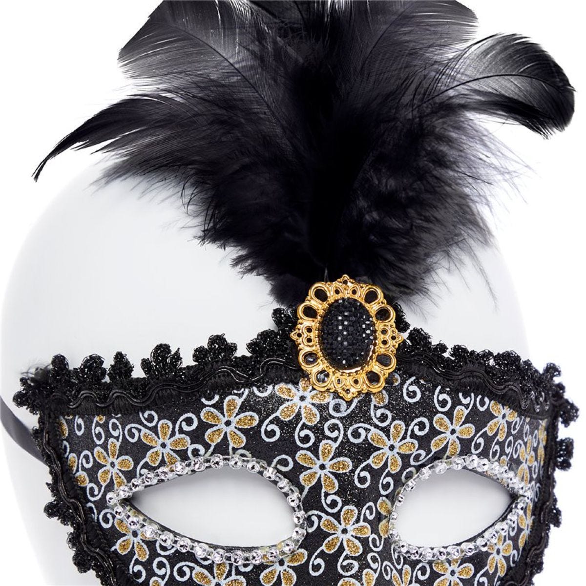 Black Glittery Masquerade Mask with Tall Feather & Gem