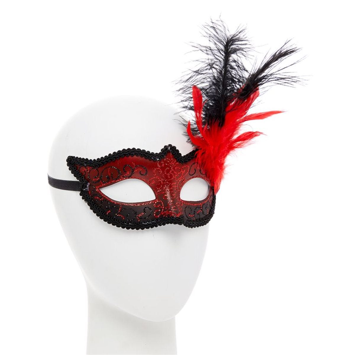 Red Masquerade Mask with Glitter & Feathers